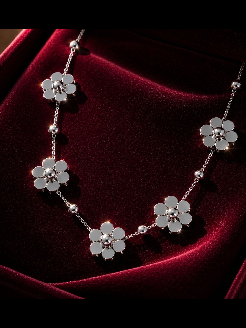 Silver Floral Necklace with White Petal Accents
